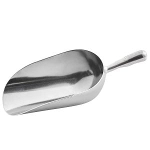 Image of an aluminum scoop with a round bottom and handle that is cast in one single piece